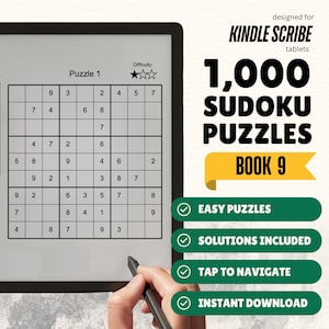 Peut inclure: Une tablette Kindle Scribe affiche un puzzle Sudoku avec une difficulté de deux étoiles. L'image montre également la couverture de "1 000 Sudoku Puzzles Livre 9" avec les mentions "Easy Puzzles", "Solutions Included", "Tap to Navigate" et "Instant Download".