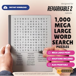 May include: A digital word search puzzle designed for Remarkable 2 tablets. The image shows a tablet displaying a word search grid with the text "1,000 MEGA LARGE WORD SEARCH PUZZLES." Features include mega large print, solutions, and printable options.