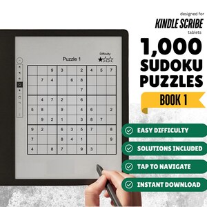 Peut inclure: Une tablette Kindle Scribe affiche un puzzle Sudoku. L'écran montre une grille avec des chiffres et le texte "1 000 Sudoku Puzzles Book 1". Le texte supplémentaire comprend "Easy Difficulty", "Solutions Included", "Tap to Navigate" et "Instant Download".