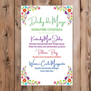 Menú de bebidas exclusivas del Derby de Mayo / Descarga digital editable / Letrero personalizable para bar de fiestas / Temática del Cinco de Mayo y el Derby de Kentucky