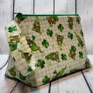 Lucky Clover Gnomes Wide Bottom Wedge Knitting Project Bag - Medium Sock Project Bag - Zippered Project Bag - Crochet Bag - Wedge Bag