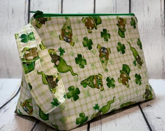 Lucky Clover Gnomes Wide Bottom Wedge Knitting Project Bag - Medium Sock Project Bag - Zippered Project Bag - Crochet Bag - Wedge Bag