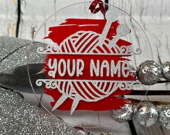 Personalized Round Knitting Christmas Ornament, Ornament for a Knitter, knitting gift, 3 inch round clear acrylic ornament with ribbon, Yarn