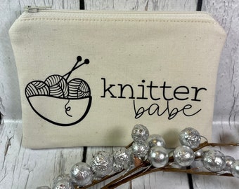 Notions Pouch for Knitting, Crochet, Sewing and Craft Items, Knitting Babe, Gift Idea for Knitter, Gadget or Cosmetics Case with a Zipper