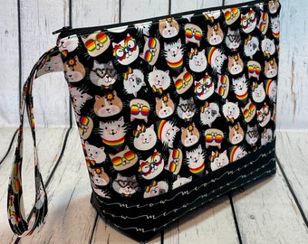 Large Knitting Project Bag with Rainbow Cat Faces, Cat’s Meow Theme Large Zippered Knitting Bag, Crochet Bag, Sweater Bag, Stitching Bag