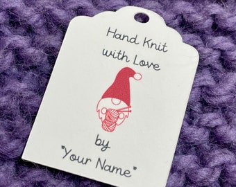 Personalized Knitting Gnome Gift Tag for Hand Knit Gifts or Products, Knitting Tag, Product Label, Gift Label for Knitted Gifts, off white