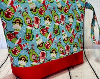 Large Knitting Project Bag, Christmas Santacados, Santa Avocados, Winter Theme Large Zippered Knitting Bag, Crochet Bag, Sweater Bag