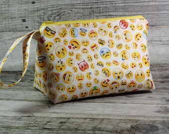 Fun Emoji Sock Sized Project Bag - Wide Bottom Wedge Project Bag - Zippered Project Bag - Crochet Project Bag - Wedge Bag