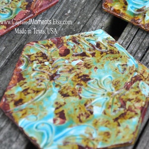 Set of 4 Handmade Pottery Coasters in Worldly Mix of Aqua, Green, and Brown with a Swirled Texture