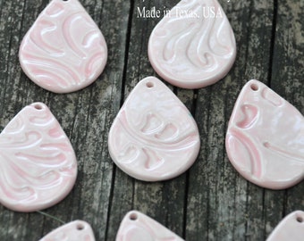 Pack of 2 Handmade Teardrop Pottery Beads with a Hole at the Top for Earrings & More - Pale Pink with Swirled Texture