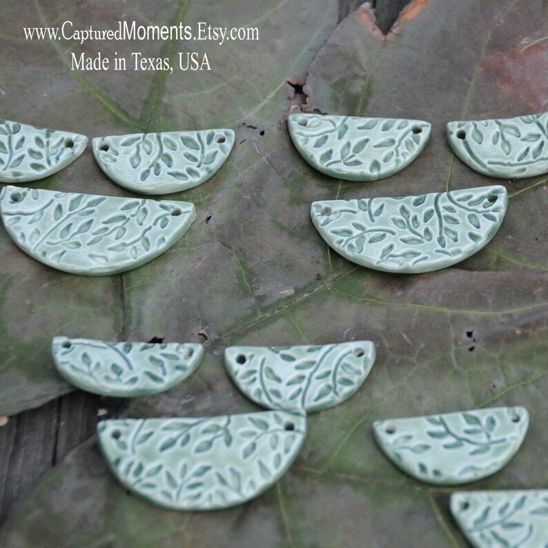 Sweet Little Green Tea Leaves in a half circle pottery beads set of 3