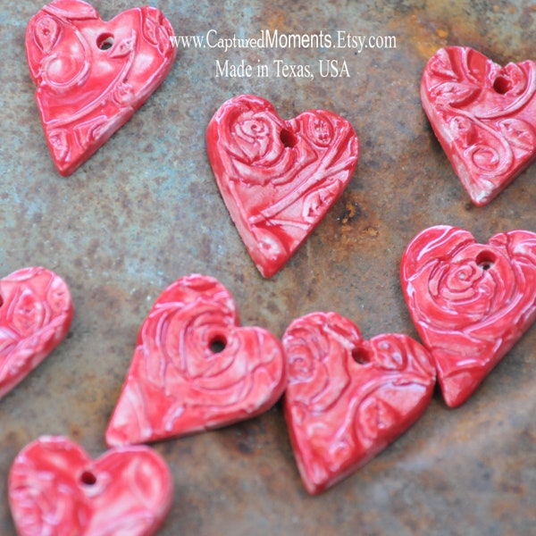 Set of 2 Handmade Heart Pottery Beads with a Hole at the Top for Earrings & More - Bright Red with Roses Texture