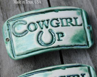 Cowgirl Up...a handmade pottery cuff bead with an attitude in emerald green