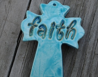 Pottery Cross Cuff Bead in Turquoise with the word "Faith"