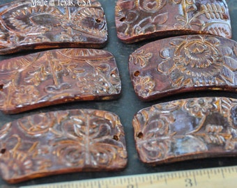 Copper Brown pottery cuff bead in a folk pattern