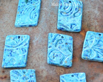 Pack of 3 Handmade Rectangular Pottery Beads with a Hole at the Top - Bright Blue with Yellow, Green, & Cobalt Speckles