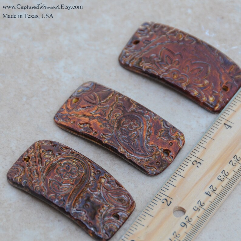 Copper Brown Pottery Cuff Bead in Paisley Pattern image 4