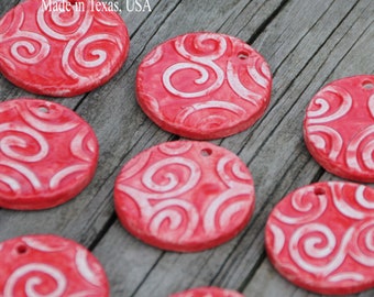 2 Handmade Pottery Beads in RED with a swirl design