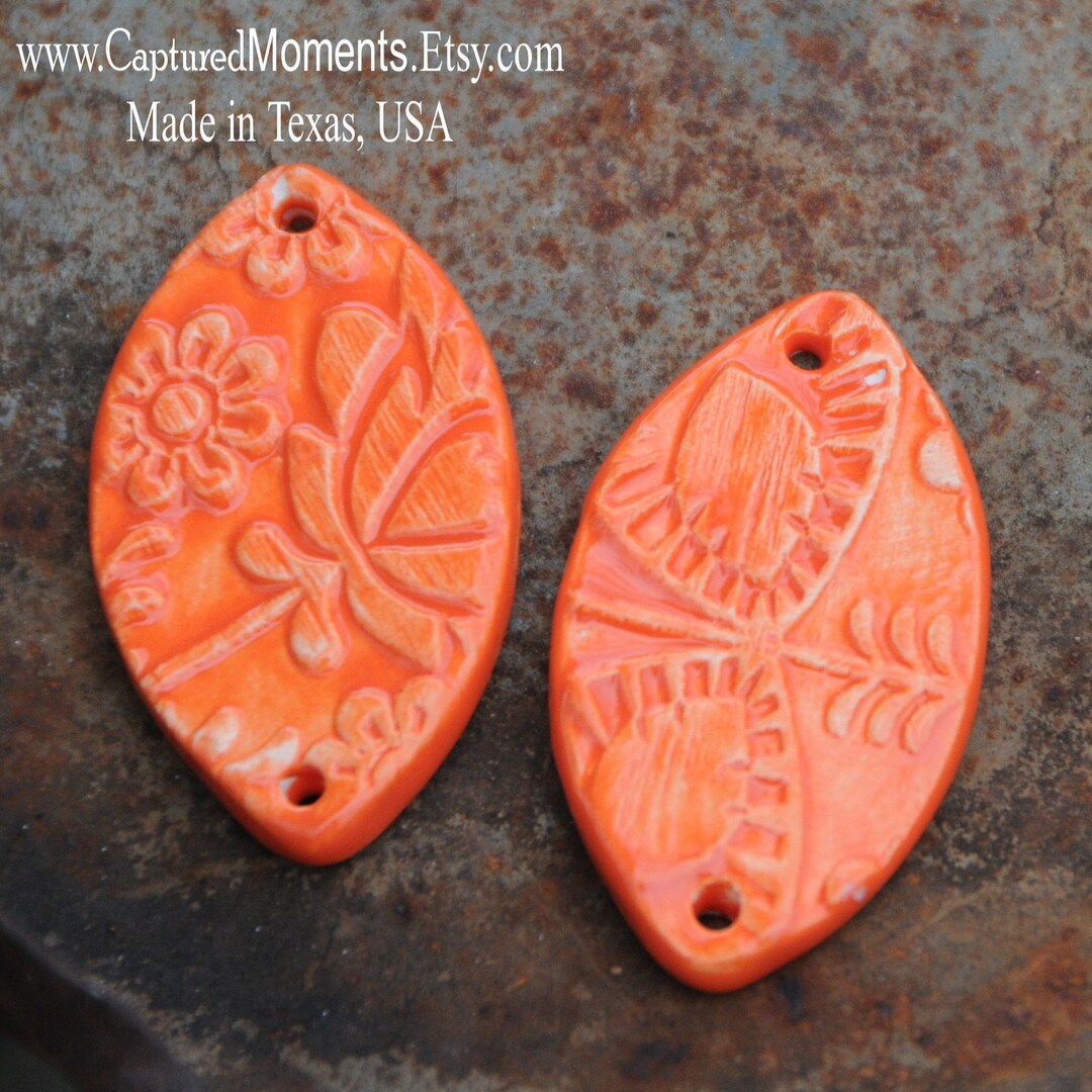 2 Handmade Pottery Beads in Bright Orange in a Folk Design  display picture 3