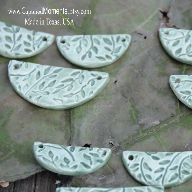 Sweet Little Green Tea Leaves in a half circle pottery beads set of 3