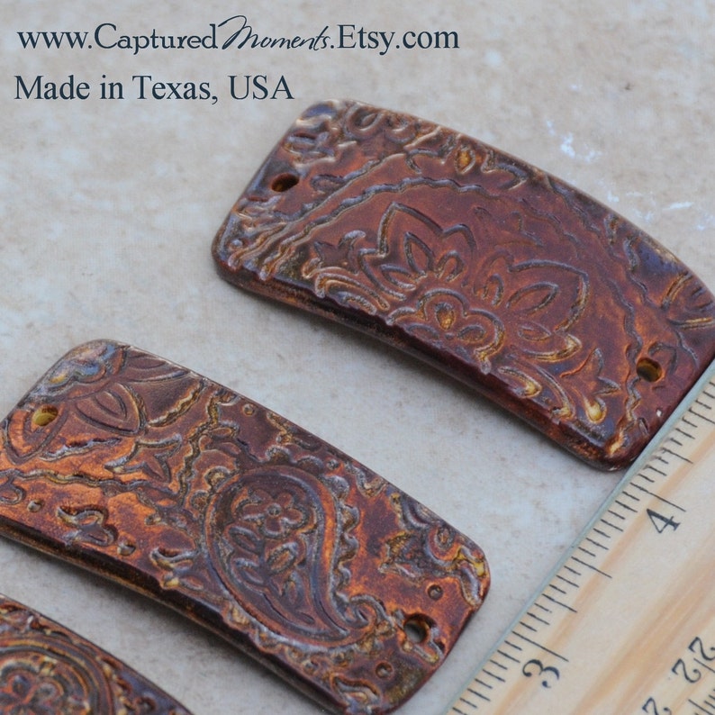 Copper Brown Pottery Cuff Bead in Paisley Pattern image 2