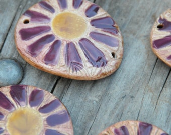 Pottery Cuff Bead, The Elli with a Flower Design in Blueberry and Yellow