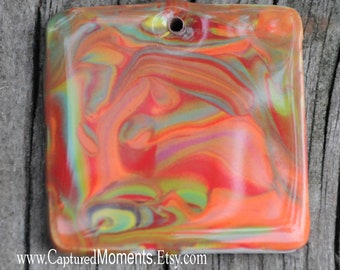 Pottery Pendant Bead with a Tie Dye Pattern with an un-glazed back