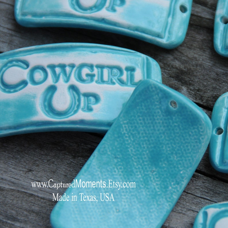 Cowgirl Up...a handmade pottery cuff bead with an attitude in a shade of Aqua image 2