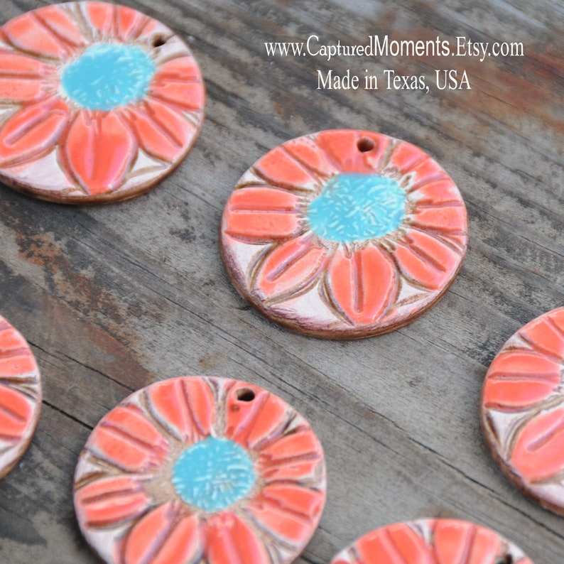 Pottery Pendant Bead with flower in Red and Turquoise image 3