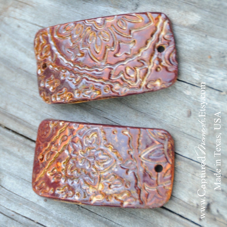 Copper Brown Pottery Cuff Bead in Paisley Pattern image 1
