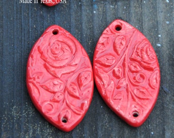 2 Handmade Pottery Beads in RED in a Rose design