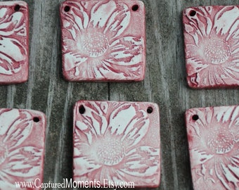 Pottery Pendant Bead with a Flower in Tuscan Red