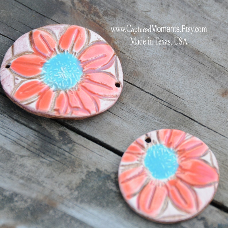 Pottery Pendant Bead with flower in Red and Turquoise image 4