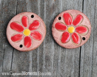 2 Pottery Pendant Beads with flower in Red and Yellow
