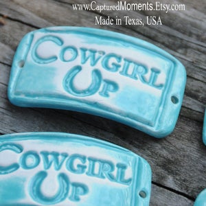 Cowgirl Up...a handmade pottery cuff bead with an attitude in a shade of Aqua image 1