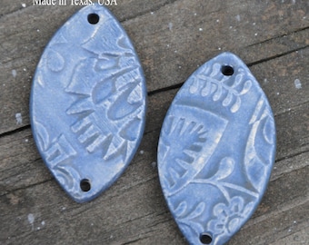 2 Handmade Pottery Beads in Stormy Blue in a folk design