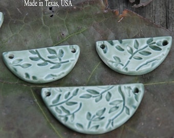 Sweet Little Green Tea Leaves in a half circle pottery beads, set of 3