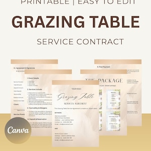 May include: Printable grazing table service contract template. The design features a beige and brown color scheme with the words "GRAZING TABLE SERVICE CONTRACT" in large, bold letters. The template includes sections for event details, services, and agreement.