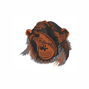Broderidesign med schimpans. 4 storlekar. Roligt apansikte med handbroderi. Direkt nedladdning. Maskinbroderifil.