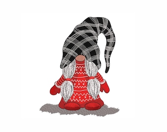 Könnte beinhalten: Illustration eines Zwergs. Der Zwerg trägt einen schwarz-weiß karierten Hut, einen roten Pullover mit weißem Muster und rote Fäustlinge. Er hat lange, weiße Zöpfe und einen Schatten.