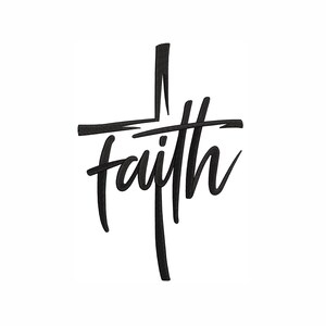 May include: A black embroidered patch featuring the word faith written in a stylized cursive script, where the letter t is elongated to form the vertical bar of a cross, creating a singular cohesive design with clean, bold lines.