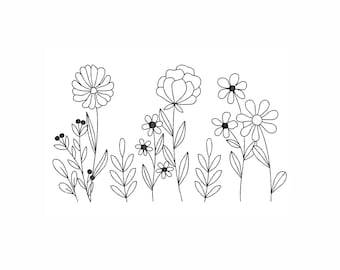 Diseño de bordado de flores silvestres (7 tamaños), archivo de bordado a máquina floral con líneas simples, contorno botánico moderno, descarga instantánea