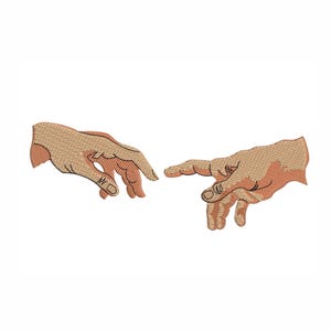 May include: Embroidered design featuring two hands, with tan skin tones, nearly touching. The hands are depicted in a detailed, artistic style, with visible stitching. The background is plain white, emphasizing the hands.