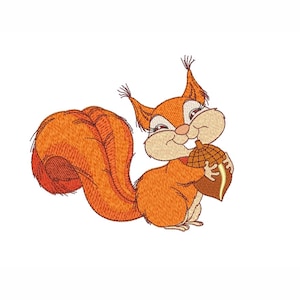 May include: A cartoon illustration of an orange squirrel holding a brown acorn in its paws.