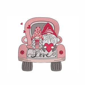 May include: Two gnomes in a pink truck with a heart and the word "Love" on the back. The gnomes are wearing red and white hats and have white beards.