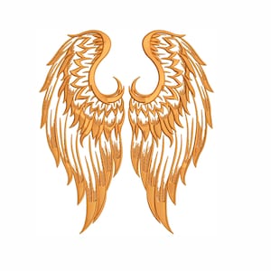 May include: A pair of golden angel wings, rendered in a detailed, stylized design. The wings are symmetrical, with a curved top and layered feather details. The image is set against a clean white background.