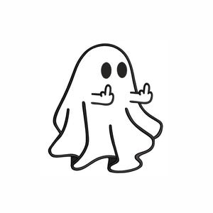 May include: A white ghost with black eyes and a black outline is giving the middle finger with both hands.