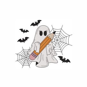 Ghost With Pencil Machine Embroidery Design. 5 Sizes. Halloween Embroidery Design. Ghost Embroidery Design. Spooky Teacher Embroidery Design