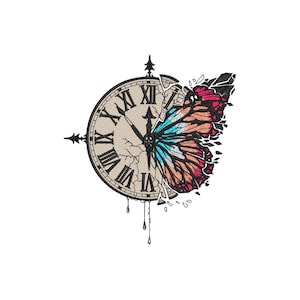 May include: An embroidered design featuring a clock face with Roman numerals, partially shattered, merging into a butterfly. The butterfly wing displays shades of red, orange, and blue, with black detailing. The design has a vintage aesthetic.