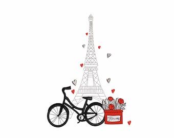 May include: An illustration of the Eiffel Tower with a black bicycle and a red flower box. The flower box has the word "Flowers" on it. Red and silver hearts are scattered around the tower.